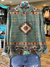 olcso Női Boho Felsők-Női Ing Grafika Mértani Elegáns Csehország Napi Hosszú ujj Állógallér Normál felsők Munka Napi Gombok Nyomtatott Sárga Rubin Medence Barna Lóhere Tavasz Ősz Tél