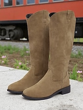 abordables Bottes à la mode-Bottes mi-mollet kaki pour femmes – Bottes à talons bas de style western décontracté pour l&#039;automne et le quotidien