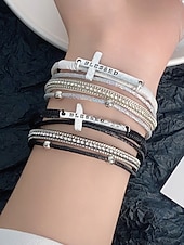 levne Dámský náramek-Dámský vícevrstvý náramek s křížkem a kamínky – inspirativní „požehnaný“ náramek z umělé kůže pro běžné nošení, do kostela i na zvláštní příležitosti