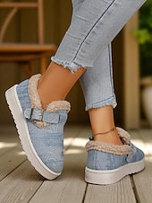 abordables Botas de nieve e invierno-Botines de nieve para mujer con forro polar vaquero: zapatos de invierno cálidos e informales sin cordones con correa de velcro para viajes y paseos al aire libre.