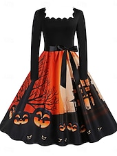 abordables Robe d&amp;#39;Halloween-Halloween Femmes Robe Midi Robe trapèze Occasionnel Quotidien Fête Coupe régulière Potiron manche longue Col carré Jaune foncé Noir Jaune Orange Été Printemps Automne