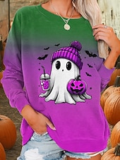 billiga Halloween toppar-halloween damtröjor grafisk mode casual långärmad rund hals vanlig topp gata vardagskläder casual tryck blå lila orange grön höst vinter