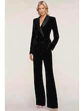 preiswerte Hosenanzüge für Mama-Zweiteilig Overall / Hosenanzug Hosenanzug Brautmutterkleid Formell Hochzeitsgast Elegant Einfach Revers Bodenlang Samt Langarm mit Einfarbig 2025