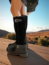 abordables Bottes de cheval-bottes hautes à tige réglable pour femmes - combinaison de daim et de similicuir avec détail de boucle, chaussures de style équitation à la mode pour les tenues décontractées urbaines et les vêtements