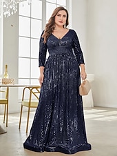 economico Semi-formale / Cocktail-Linea ad A Lunghezza al pavimento Abiti da festa Elegante Manica Lunga Scollo a V Formale Invitato a matrimonio autunnale Con Paillettes con Glitter Paillettes