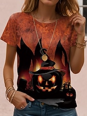 preiswerte Halloween Oberteile-Halloween Damen T Shirt Grafik Schädel Halloween Vintage Stilvoll Klassisch Kurzarm Rundhalsausschnitt Normale Oberteile Täglich Wochenende Druck Schwarz Rote Leicht Braun Blau Orange Herbst Winter