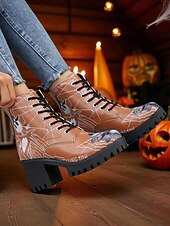 abordables Pour les femmes-Bottines de combat à talons épais pour femmes, motif tête de mort d&#039;Halloween et toile d&#039;araignée – bottines gothiques à lacets pour cosplay, porte-bonheur et mode automnale effrayante
