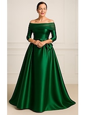 billige A-linje kveldsdrakter-Gull A-Linje Kveldsdrakt Elegant Kjole Formell Bryllupsgjest Gulvlengde 3/4 Lengde ermer Off-Shoulder Lomme Satin med Sløyfe(r)
