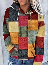 preiswerte Streifen- und geometrische Kapuzenpullover-Damen Kapuzenpullover Druck Grafik Geometrisch Warm Vintage Mode Langarm Mit Kapuze Normale Oberteile Straße Alltagskleidung Ferien Orange Leicht Blau Herbst Winter