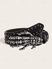 abordables Accessoires d&#039;Halloween-Ceinture gothique squelette pour femme, style punk rock, en similicuir clouté, avec boucle tête de mort, idéale pour les soirées costumées, les cosplay et les boîtes de nuit.