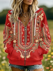 economico Top Floreali-Felpe con Cappuccio 3D Donna Stampate con Grafica Floreale Moda Casual Boho Maniche Lunghe Cappuccio Top Regolari Abbigliamento Stradale Quotidiano Patchwork Tasca con Cerniera Rosa Rosso Blu