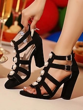 abordables Fête de la Vie Nocturne-Sandales à talons compensés en daim noir pour femmes - Chaussures de soirée à bout ouvert et à lanières avec ornements en perles et strass, chaussures chics pour la vie nocturne, les clubs et les
