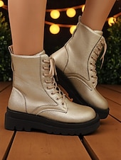 baratos Festa da Vida Noturna-Botas de combate femininas de couro sintético dourado com cadarço e sola preta robusta - calçado moderno para festa noturna