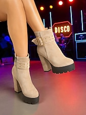 baratos Botas com salto-bota feminina plataforma de camurça preta com salto grosso e fivela dourada &amp;fecho de zíper - festa ousada &amp;calçados de concerto para looks de outono e inverno