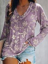 Women's T shirt Long Sleeve Floral Graphic Plants Elegant Bohemia Vintage Long Sleeve V Neck Regular Tops Daily Going out Weekend Print Yellow Purple Spring Fall Prefall4