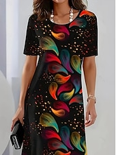levne Šaty umění a designu-Elegantní dámské večerní midi šaty s krátkým rukávem a výstřihem do krku A-line šaty ležérní boho každodenní regular fit ombre květinová grafika černá léto jaro podzim