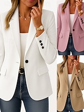 billiga Blazers och kostymer-Dam Kavaj Bekväm Andningsfunktion Ficka Ledigt Slät Kontor Gata Ledigt Dagliga kläder Enkelknäppt Normal Nedvikt Normal Långärmad Ytterkläder Svart Rodnande Rosa Kaki Sommar Vår
