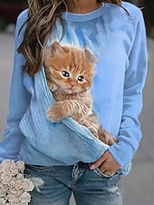 economico Animali Tops-Per donna Felpa Pullover Stampato Grafico Animale Gatto Casual Manica Lunga Girocollo Top Regolari Casuale Streetwear Ferie Blu Rosa Viola Arancione Verde Primavera Autunno Inverno