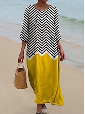 levne Pruhované a geometrické šaty-Dámské maxi šaty kaftan s 3/4 rukávy kulatým výstřihem volnočasové šaty A-linie boho denní sváteční rande grafické geometrické žluté modré duhové jaro podzim