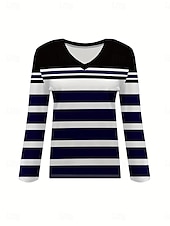 abordables T-shirt rayé et géométrique-Femmes T-shirt Graphique Géométrique Rayé ancien Élégant Classique manche longue Col en V Hauts Réguliers Quotidien Imprimé Noir Printemps Automne Hiver