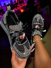 halpa Naisten lenkkarit-Naisten valkoiset strassikengät satiininauhanauhoilla ja sydänriipuksella - tyylikkäät vapaa-ajan kengät yöelämään, klubeille ja juhliin