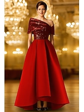 abordables Robes de Soirée en A-Ligne A Longueur au sol Robe de Soirée Tenue de soirée Élégant ancien Scintillant Manche Courte Une Épaule Formel Mariage Poche Satin Extensible avec Paillettes Châle 2025