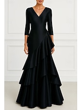 baratos Vestidos de noite com cintura império-Linha A Vestidos de noite Elegante Traje formal Formal Casamento Longo Manga Longa Decote V Cetim com Pregas Fru-Fru 2025