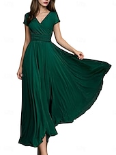 cheap Cocktail Dress-Women&#039;s Maxi long Dress Boho Wedding Guest Dress Elegant Stylish Regular Fit Plain Short Sleeve V Neck Black White Yellow Light Green Summer Spring