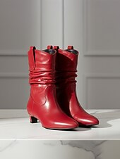 tanie Buty typu slouch-Damskie czerwone botki typu slouch z miękką, marszczoną cholewką, na niskim klockowym obcasie, szykowne obuwie w miejskim stylu dla kobiet, idealne do codziennych, swobodnych stylizacji i miejskich