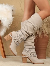 olcso Slouch Boots-női bézs lompos, térdig érő csizma csattal és szegecsekkel, vintage western stílusú őszi és téli alkalmi viselethez