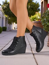 abordables Bottines-Bottines compensées en similicuir marron pour femme avec fermeture éclair latérale – bottines à lacets décontractées et confortables pour le travail, le shopping et les voyages