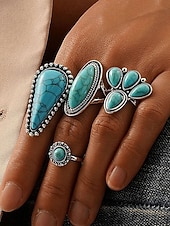 Women's Turquoise Ring Set - Multi-Piece Set of Vintage Bohemian Alloy Jewelry for Women's Holidays, Beach Vacations and Everyday Wear cheap Women's Rings-Women's Turquoise Ring Set - Multi-Piece Set of Vintage Bohemian Alloy Jewelry for Women's Holidays, Beach Vacations and Everyday Wear
