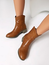 abordables Cowboy y botas occidentales-Botines de piel sintética color vino tinto para mujer: botas cortas de tacón bajo estilo western informal para el trabajo, viajes y atuendos cotidianos.