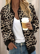 preiswerte Bomberjacke-Damen Freizeitjacke Warm Schnelltrocknend Reißverschluss Tasche Elegant Mode Täglich Einfach Leopard Urlaub Lässig Täglich Ferien Regulär Baseball-Kragen Normale Passform Langarm Oberbekleidung