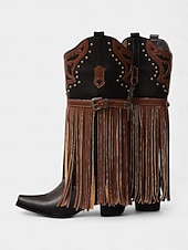 billige Cowboy og vestlige støvler-Blå og brune cowboystøvler med westernfrynser til dame – knehøye støvler med broderi i imitert skinn for rodeo-stil, countrykonserter og festivalantrekk