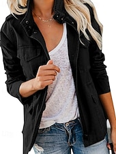 cheap Shirt Jackets-Women&#039;s Hoodie Jacket Warm Comfortable Zipper Pocket Casual Plain Vacation Daily Zipper Regular Turndown Regular Fit Long Sleeve Outerwear Black Khaki Army Green Fall Winter