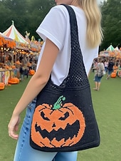 levne Tašky-Dámská pletená taška s motivem dýně na Halloween, černá kabelka přes rameno, ležérní nákupní taška na koledování na festivaly, večírky a každodenní nošení