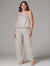 baratos Terninhos de calça da mamãe-Terninho Traje de 3 peças Longo Vestido Para Mãe dos Noivos Sem Manga Scoop pescoço Elegante Convidado do casamento Chiffon Renda Embrulho incluido com Lantejoulas