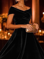 baratos Vestidos de Cocktail-Vestidos de coquetel pretos em linha A, veludo elástico, elegante, vestido formal para casamento, comprimento chá, comprimento midi, ombro de fora com franzido 2025