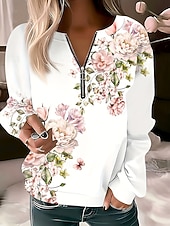 cheap Stripe&amp;Geometric Tops-Women&#039;s Pullover Sweatshirt Zip Up Sweatshirts Floral Graphic Fashion Casual Long Sleeve Crew Neck Regular Tops Street Dailywear Zipper Print Light Pink Spring Fall Winter