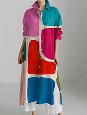 abordables Robes-chemises-Femmes Robe Longue Maxi Robe Robe Chemise Robe Décontractée Robe Imprimée Mode Moderne Quotidien Week-end Coupe régulière Géométrique Fleur manche longue Col de chemise Jaune Rouge Bleu Kaki