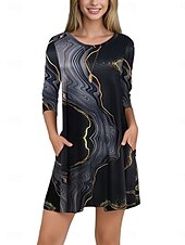 abordables Robes fleuries décontractées-Halloween Femmes Mini Robe Robe trapèze Élégant Occasionnel Coupe Ample Imprimé Manche 3/4 Col ras du cou Jaune Bleu Bleu Poudré Bleu de minuit Été Printemps Automne
