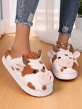 ieftine Flip-Flops de Damă-Papuci drăguți de pluș pentru femei, cu model de vacă, cu design 3D cu animale și căptușeală moale – pantofi confortabili de iarnă pentru casă și cadouri de sărbători