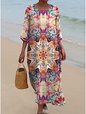 billiga Blommig klänning-Kvinnors Maxiklänning Kaftan 3/4 Lång Ärme Crew Neck Avslappnad Shift Klänning A-linjeformat Klänning Klänning Boho Daglig Semester Dejtdress Blommig Grafisk Mörk Gul Ljus Rosa Gul Ljus Grön