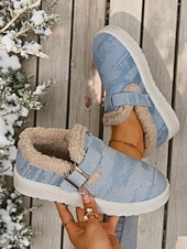 abordables Botas de nieve e invierno-Botines de nieve para mujer con forro polar vaquero: zapatos de invierno cálidos e informales sin cordones con correa de velcro para viajes y paseos al aire libre.