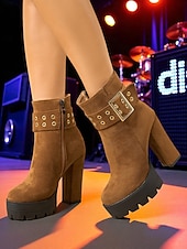 baratos Botas com salto-bota feminina plataforma de camurça preta com salto grosso e fivela dourada &amp;fecho de zíper - festa ousada &amp;calçados de concerto para looks de outono e inverno