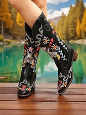 levne Cowboy &amp; Western Boots-Dámské vyšívané kovbojské boty do západního stylu s motivy zbraní a srdce - boty do poloviny lýtek vyjadřující lásku a mír, stylová městská ležérní obuv pro módní ženy