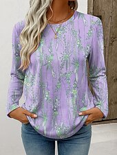 abordables T-shirt floral-Femmes T-shirt Imprimé Fleuri Graphique Plantes ancien Élégant Classique manche longue Col ras du cou Hauts Réguliers Quotidien Week-end Bleu Rose Claire Violet Vert Printemps Automne