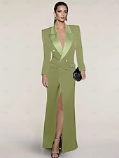 baratos Comprimento do chão-Vestido Blazer de Noite em Estilo Sereia  Trompete Elegante Vestido Tuxedo em Risca de Giz Comprimento de Chão Mangas Longas Colarinho com Lapela de Pico Cetim com Bolso