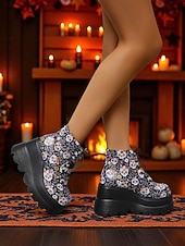 baratos Para mulheres-Botas femininas pretas plataforma com cadarço e caveira - botas góticas de cano curto com sola grossa para festas de outono, cosplay e dia dos mortos